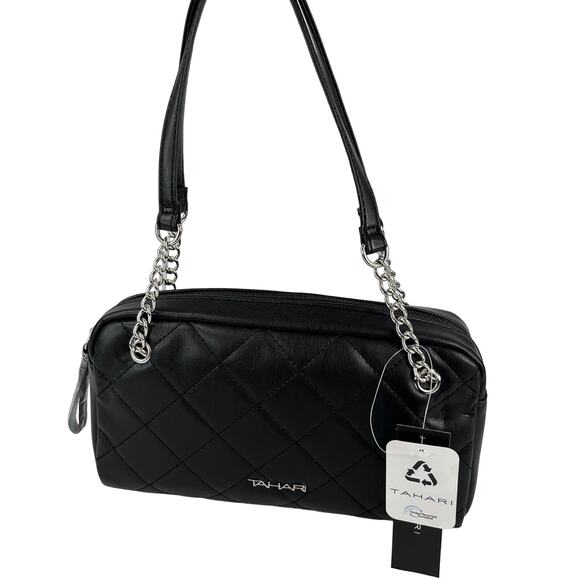 Tahari Calista Vegan Leather Satchel Black Quilted New - Picture 11 of 14